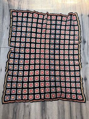 Vintage Crochet Granny Square Blanket Throw 48"x38" Black Multicolor Handmade Af